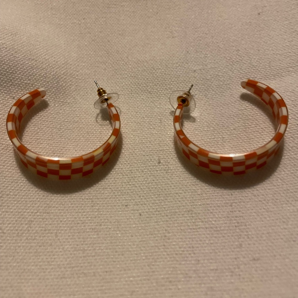 Orange and White Checkered Hoop Earrings